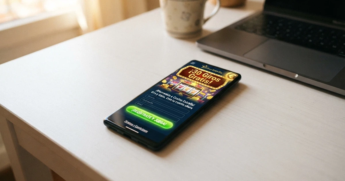 Pantalla de un móvil mostrando una promoción de giros gratis en la página de registro de un casino online español