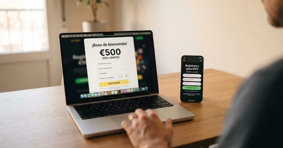Un ordenador y un móvil mostrando la pantalla de registro de un casino online español con un banner de bono de bienvenida