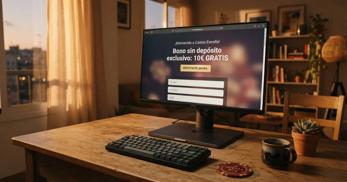 Escritorio con pantalla de ordenador mostrando la página de registro de un casino online español con la palabra «bono sin depósito» visible en la interfaz
