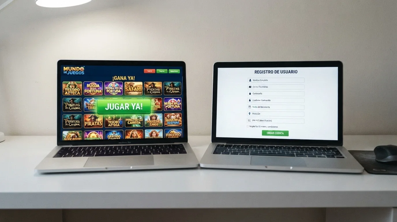 Dos pantallas comparadas: un portal de juego gratuito con botón «jugar ya» frente a un formulario de registro de un casino con licencia DGOJ