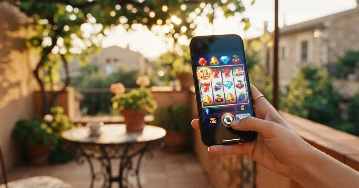 Manos sujetando un teléfono móvil en vertical con la pantalla mostrando una tragaperras de casino, rodeado de un entorno cotidiano español reconocible (una terraza, un salón)