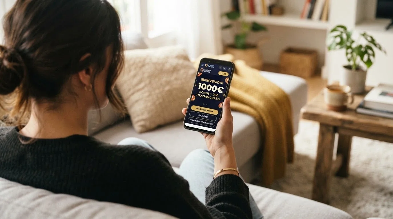 Teléfono móvil mostrando la interfaz de una app de casino con un bono de bienvenida activo en pantalla