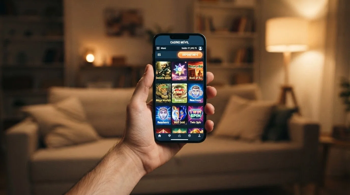 Un iPhone ejecutando una app de casino con Apple Pay en la pantalla de depósito