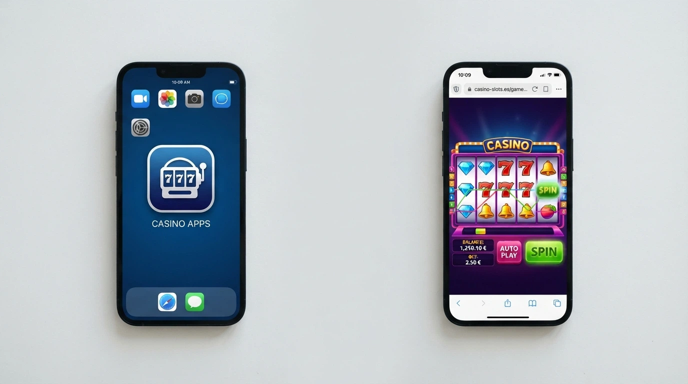 Pantalla dividida: a la izquierda un móvil con el icono de una app de casino descargada, a la derecha el mismo móvil con el navegador abierto mostrando la misma tragaperras