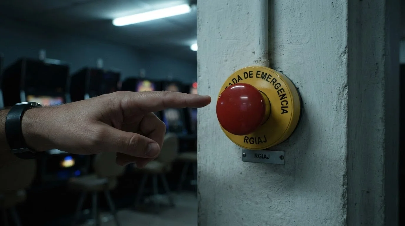 Un botón rojo de emergencia con la etiqueta RGIAJ en la pared de una sala de juego vacía, una mano a punto de pulsarlo