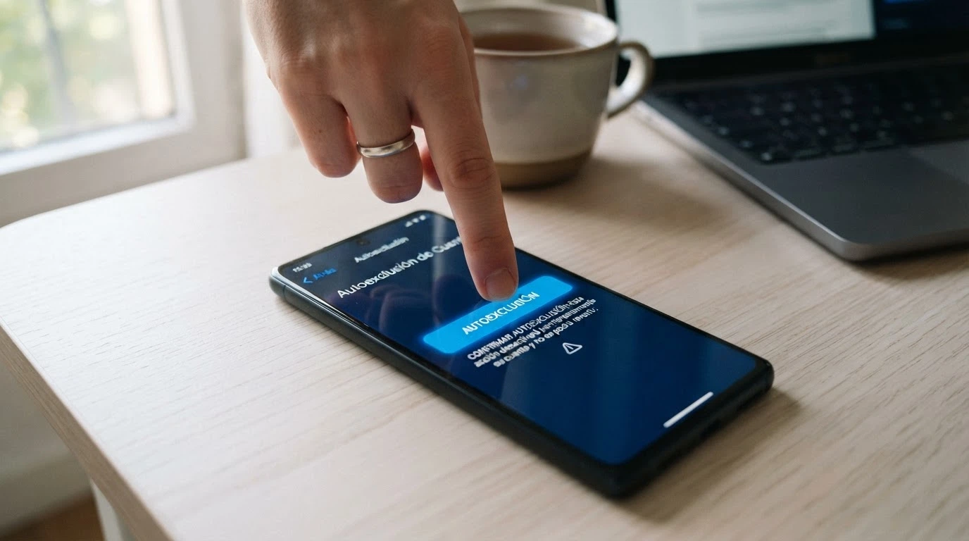 Una mano pulsando un botón virtual con el texto «Autoexclusión» en una interfaz de configuración de cuenta, sobre un fondo azul corporativo