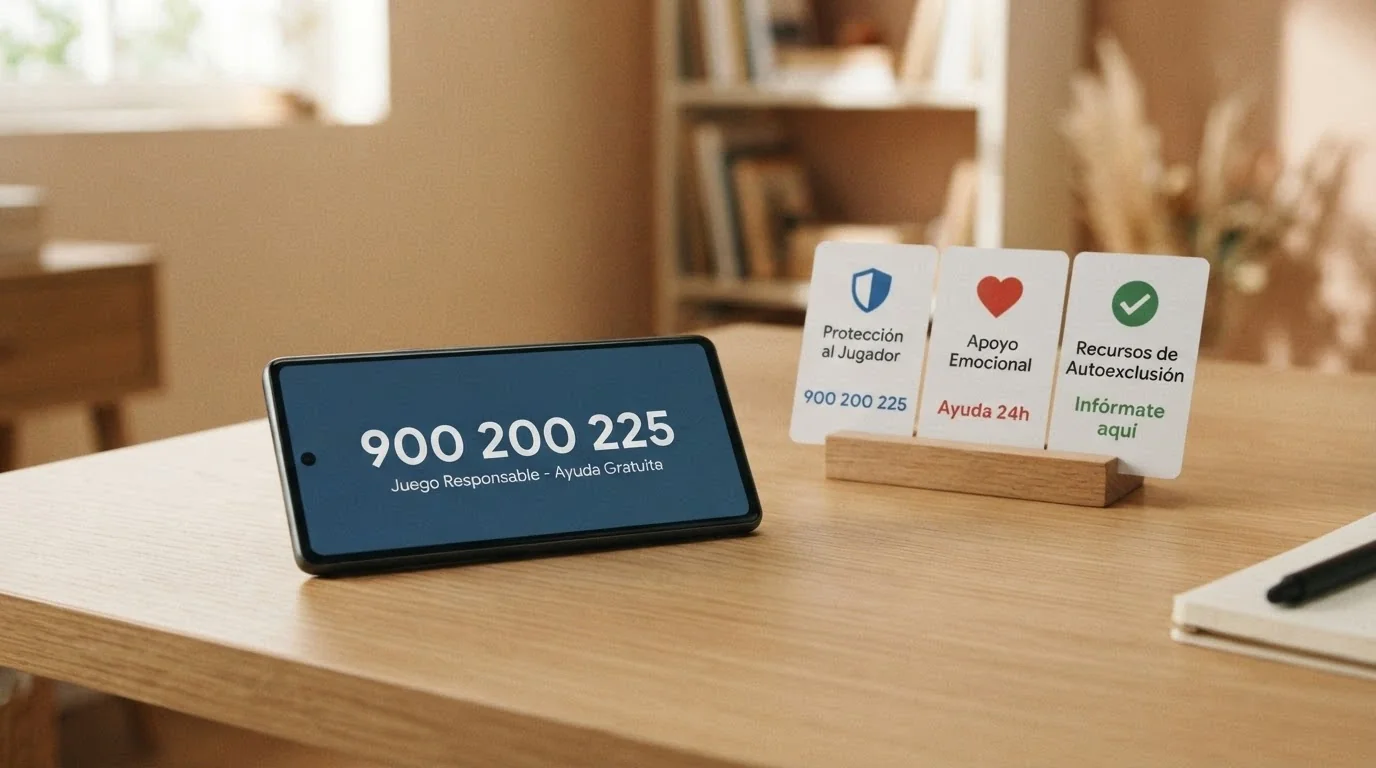 Un teléfono móvil mostrando el número 900 200 225 junto a varias tarjetas con los logos de RGIAJ, FEJAR y DGOJ Juego Seguro