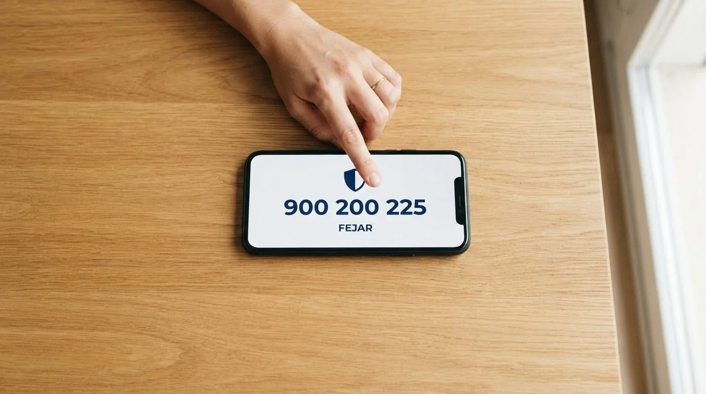 Teléfono móvil mostrando el número 900 200 225 junto al logotipo de FEJAR y el emblema del RGIAJ