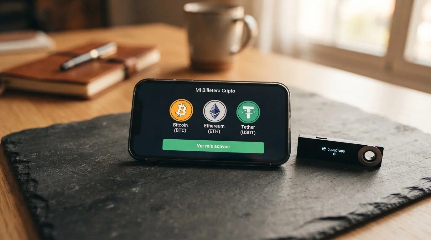 Monedero de criptomonedas mostrando saldos en BTC, ETH y USDT listos para un depósito en un casino sin KYC