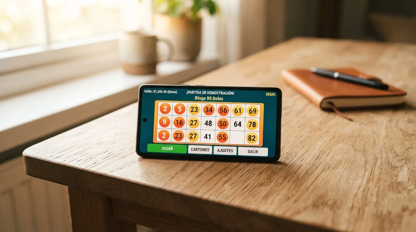 Pantalla de un juego de bingo online en modo demo con el indicador de saldo ficticio visible y un cartón a punto de completarse