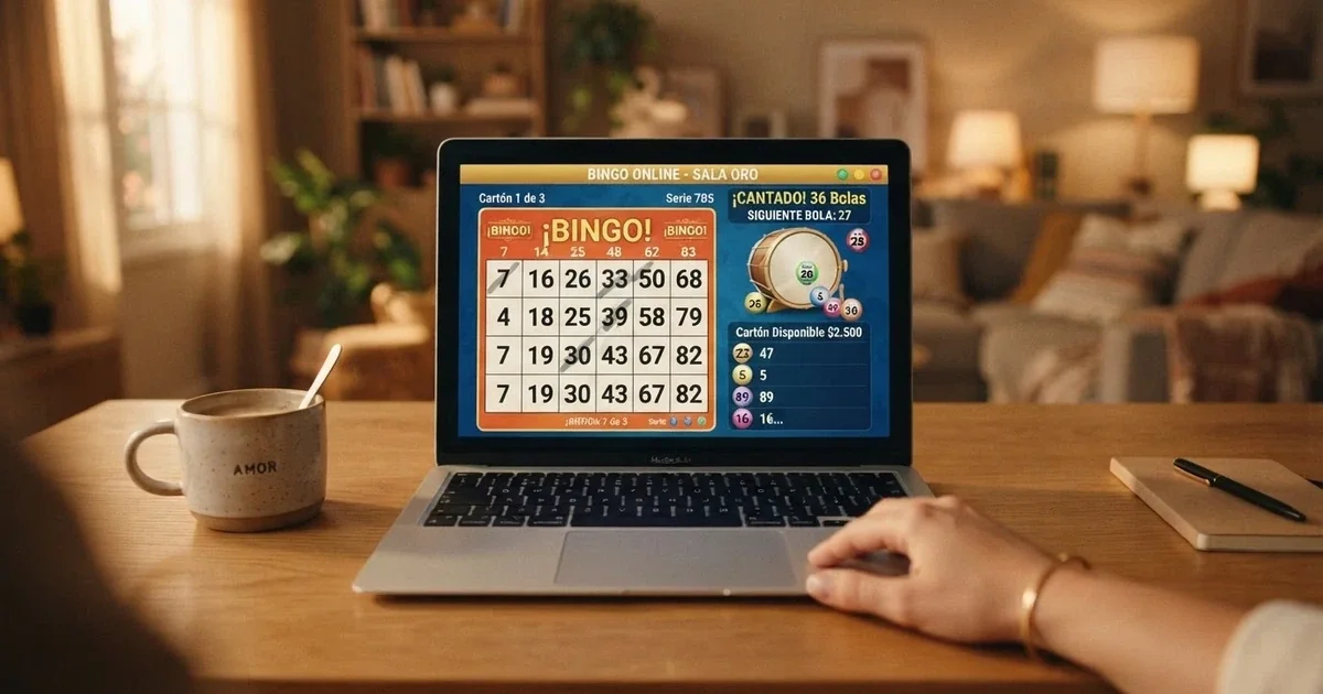 Cartón de bingo digital en la pantalla de un ordenador con interfaz en español y bolas numeradas en el bombo virtual