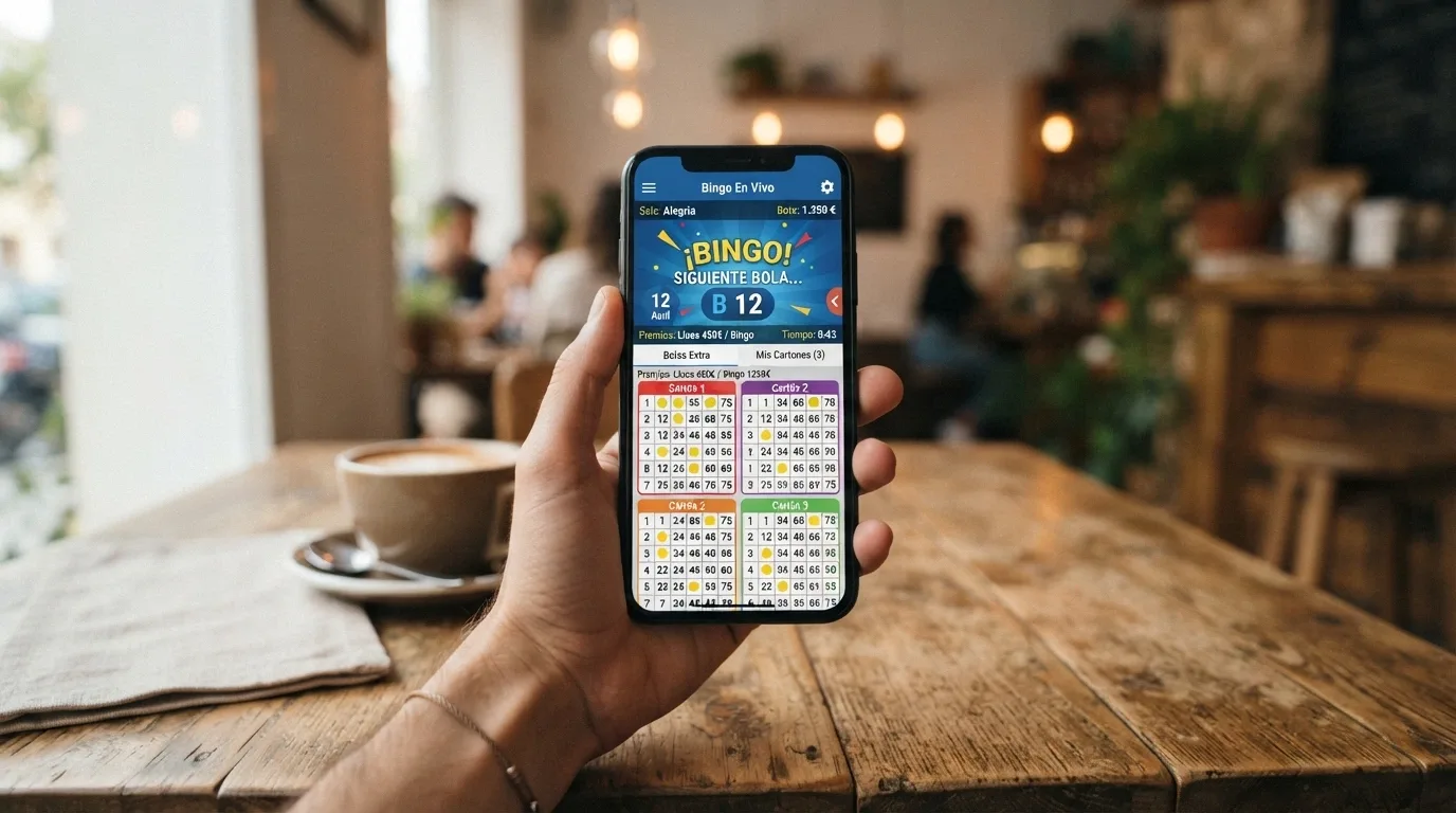 Mano sosteniendo un teléfono móvil en vertical con una sala de bingo online activa mostrando varios cartones en pantalla