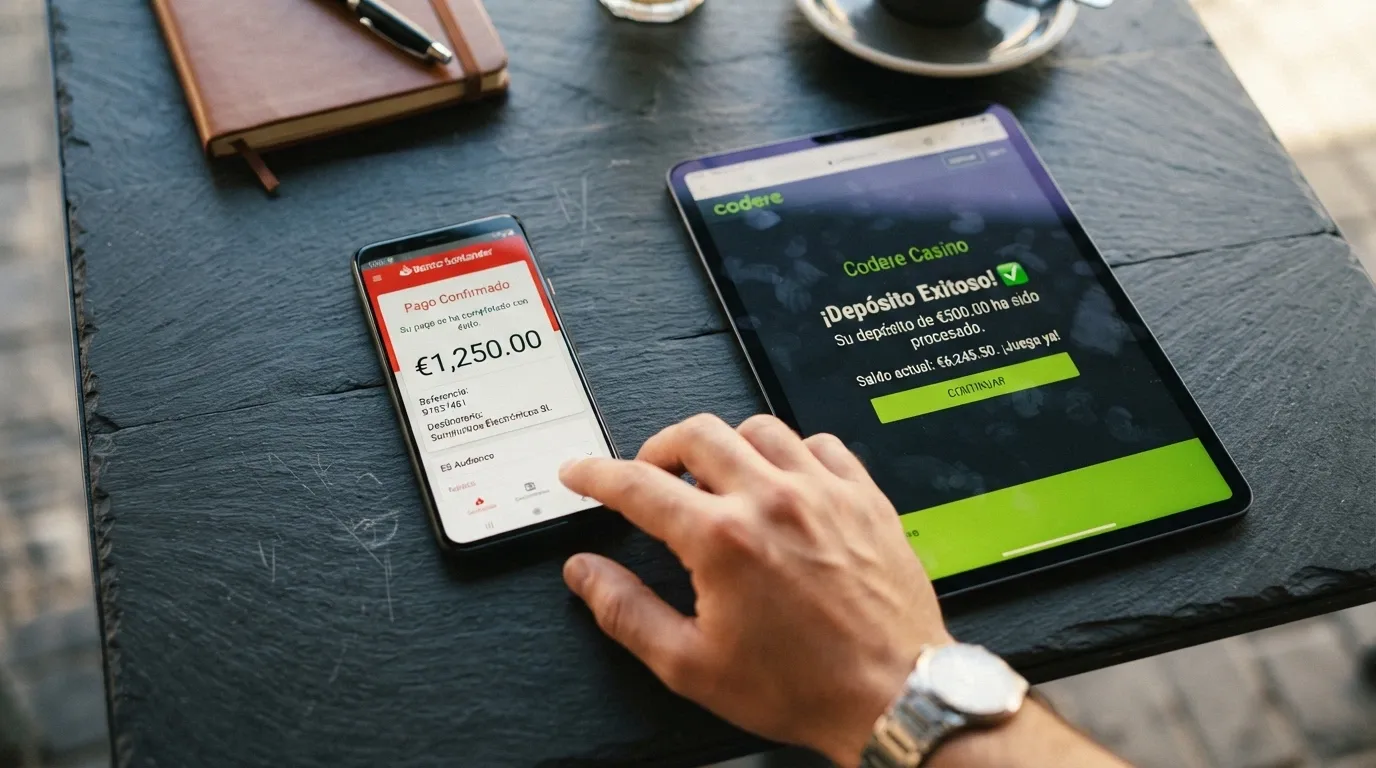 Móvil con la app de Bizum abierta junto a la pantalla de depósito de un casino online español mostrando el importe ingresado
