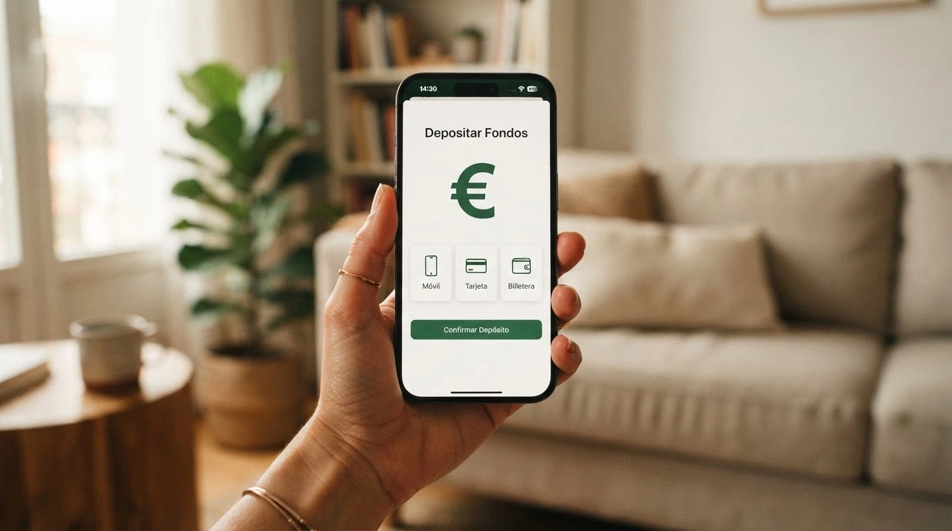 Teléfono móvil mostrando la pantalla de depósito de un casino con los iconos de Bizum, tarjeta bancaria y monedero electrónico como opciones disponibles, con el símbolo del euro (€) destacado