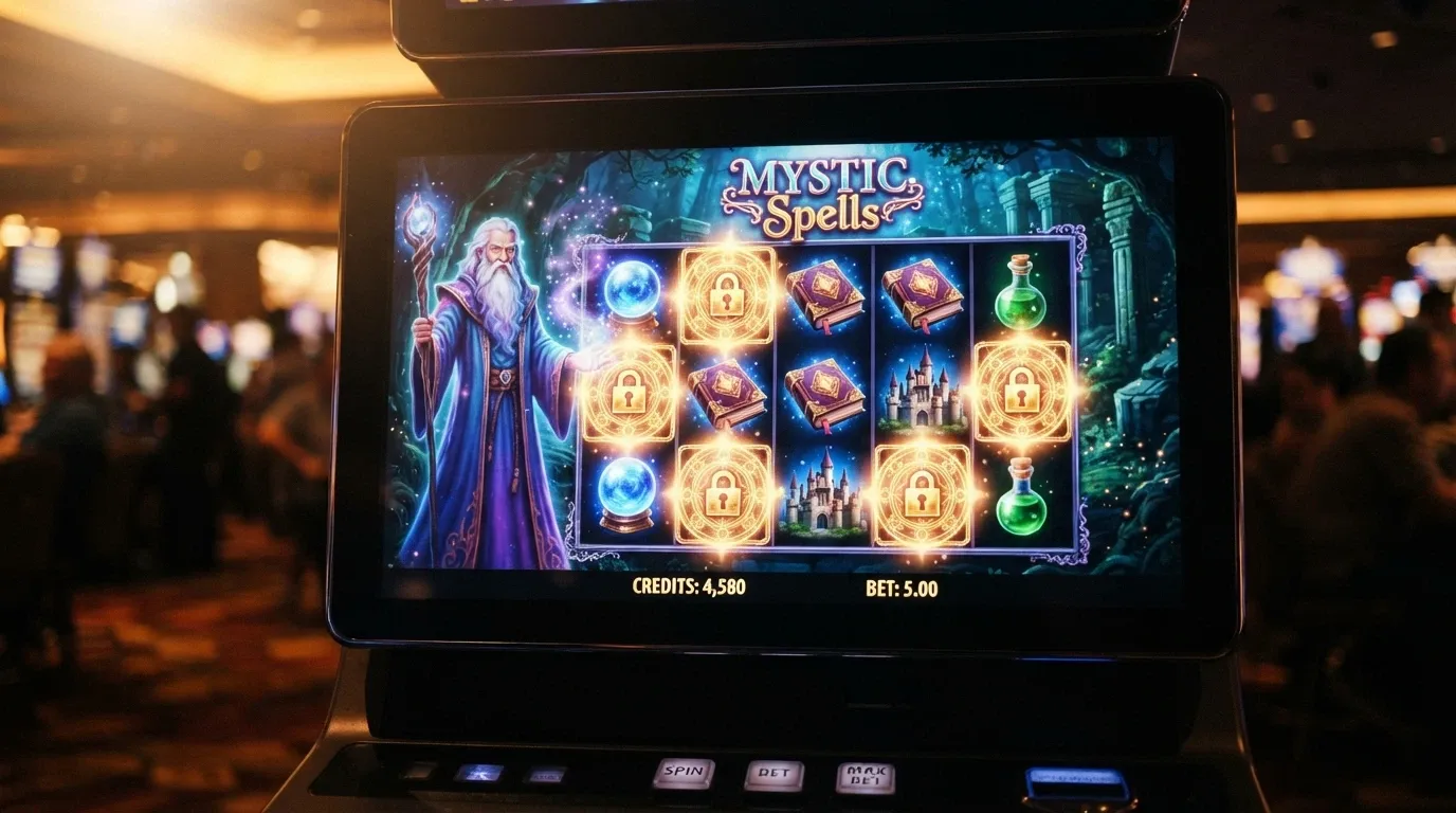 La pantalla de juego de Fire Blaze Blue Wizard con su estética de fantasía, el mago protagonista y los rodillos en movimiento