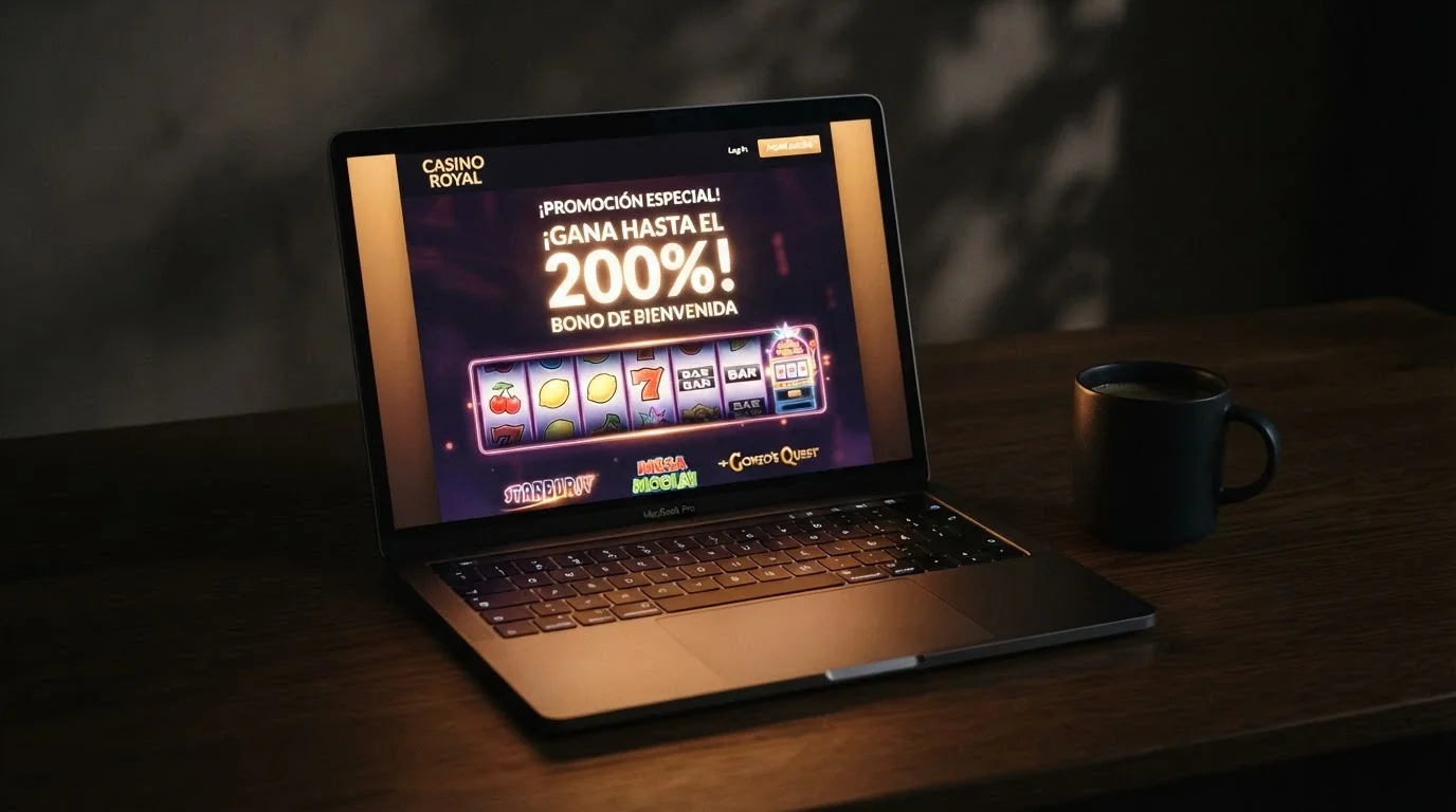 Pantalla promocional de un casino cripto mostrando un bono de bienvenida con cifras destacadas y condiciones en letra pequeña