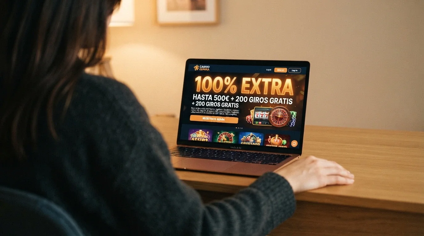Pantalla promocional de un bono de bienvenida en un casino cripto con el porcentaje destacado y la letra pequeña del requisito de apuesta debajo