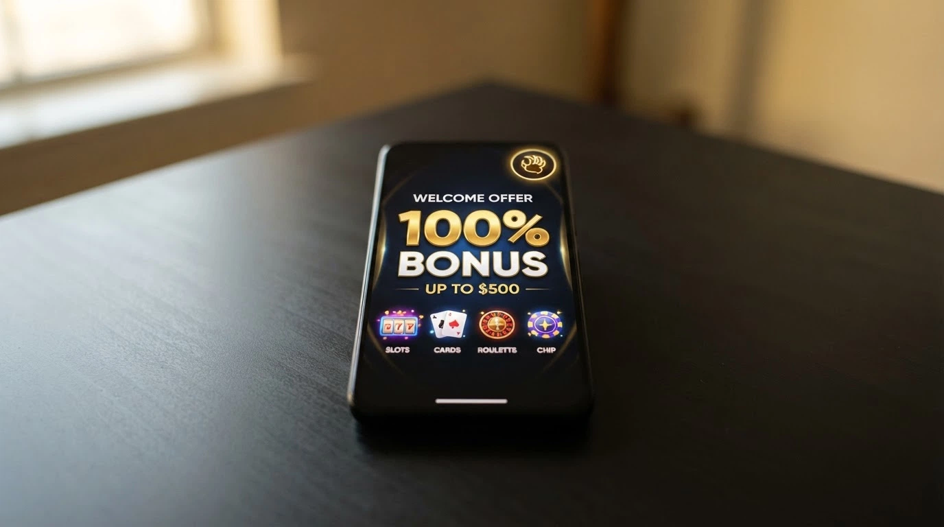 Pantalla promocional de un casino online con la oferta de bono de bienvenida y el icono del Bonus Crab destacado junto al importe