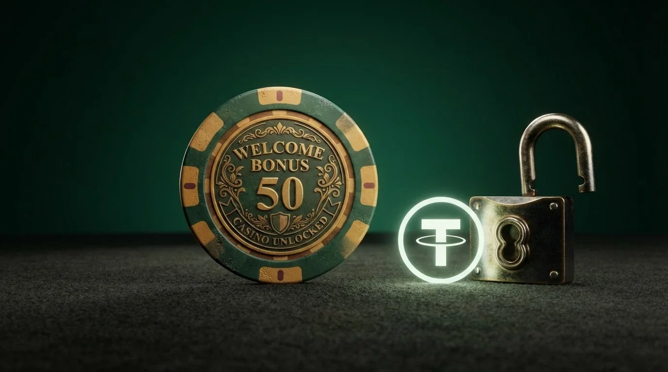 Una ficha de casino con el texto «100% hasta 1.000 USD» destacado junto a un candado abierto y el icono de USDT