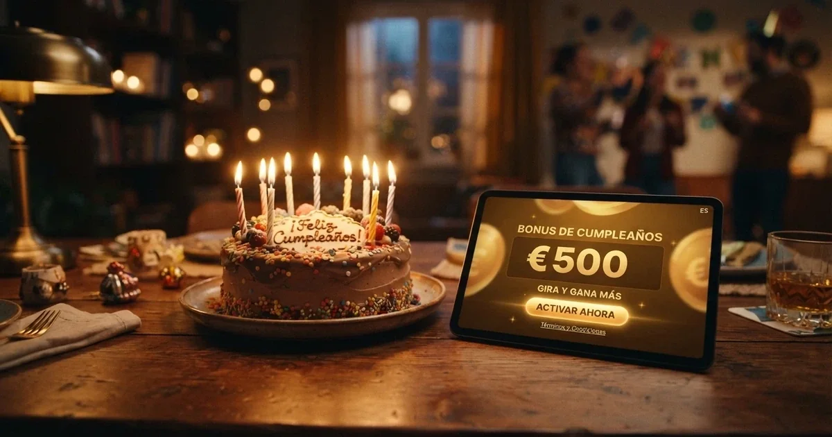 Pastel de cumpleaños con velas junto a una pantalla que muestra la interfaz de un bono de casino online en español