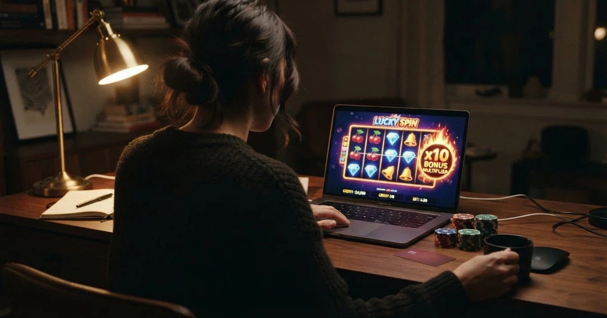 Un jugador consulta una tabla comparativa de bonos de casino en la pantalla de un ordenador portátil, con fichas de póquer y una tarjeta de crédito en la mesa