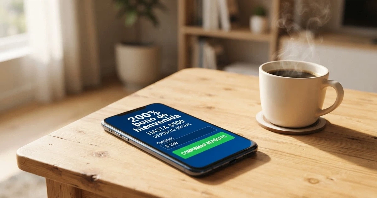 Un primer plano de un teléfono móvil mostrando la pantalla de depósito de un casino online con el texto «200% bono de bienvenida» visible, sobre una mesa con una taza de café al lado