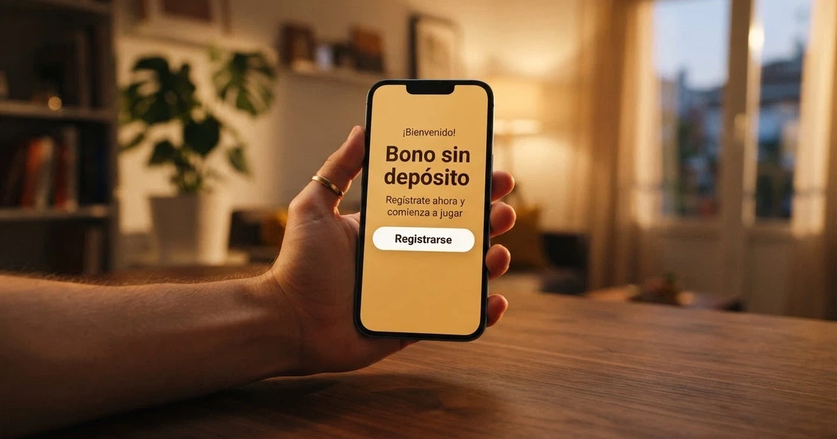 Manos sosteniendo un teléfono móvil que muestra la pantalla de registro de un casino online con la palabra «Bono sin depósito» destacada en la interfaz