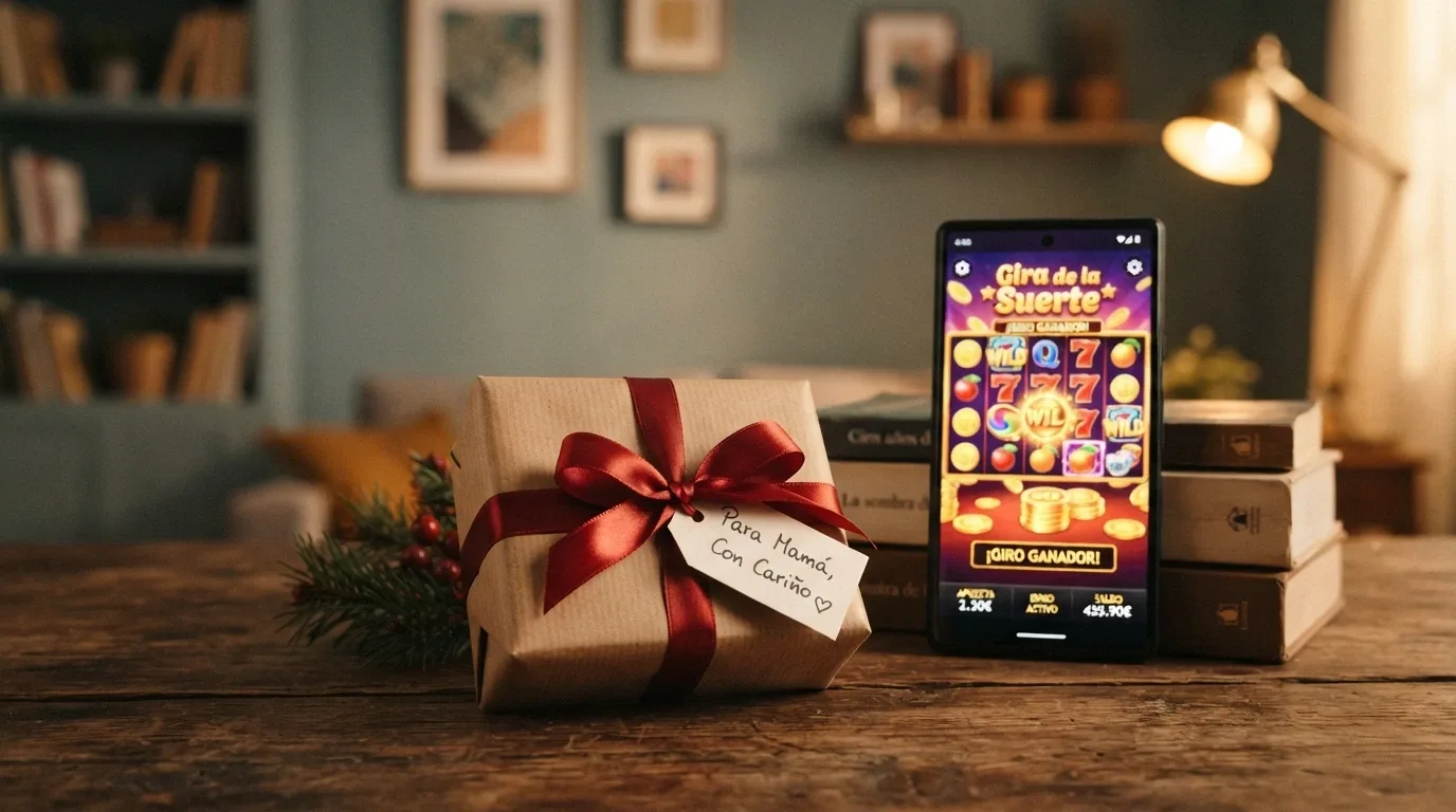 Un regalo envuelto con un lazo y la etiqueta «sin depósito» sobre una pantalla de casino con tragaperras de fondo