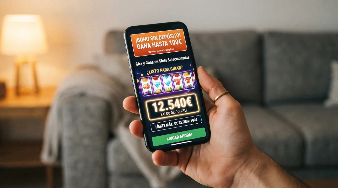Pantalla de promoción de un bono sin depósito en un casino español con el contador de tiradas gratis y el importe máximo de retirada visible