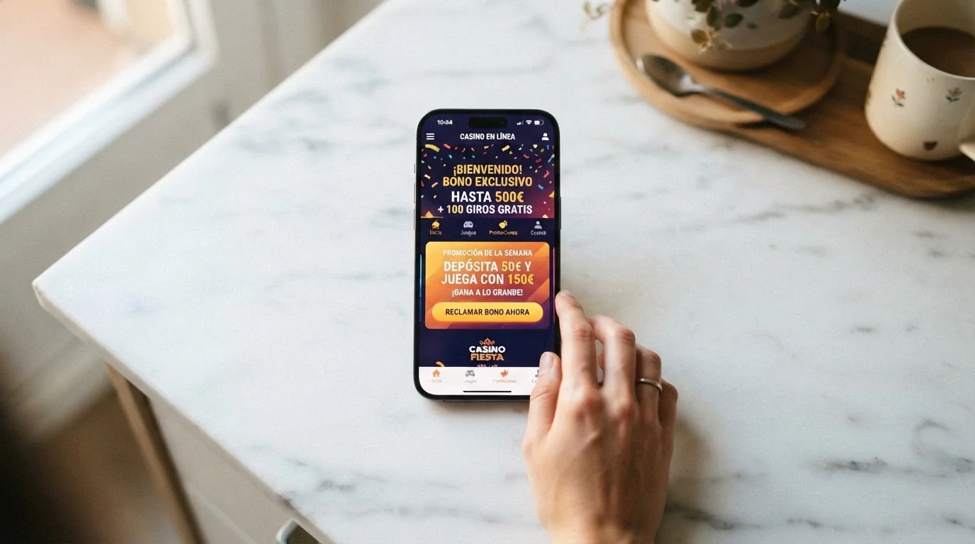 Primer plano de un móvil mostrando la sección de promociones de un casino online español con un bono sin depósito destacado