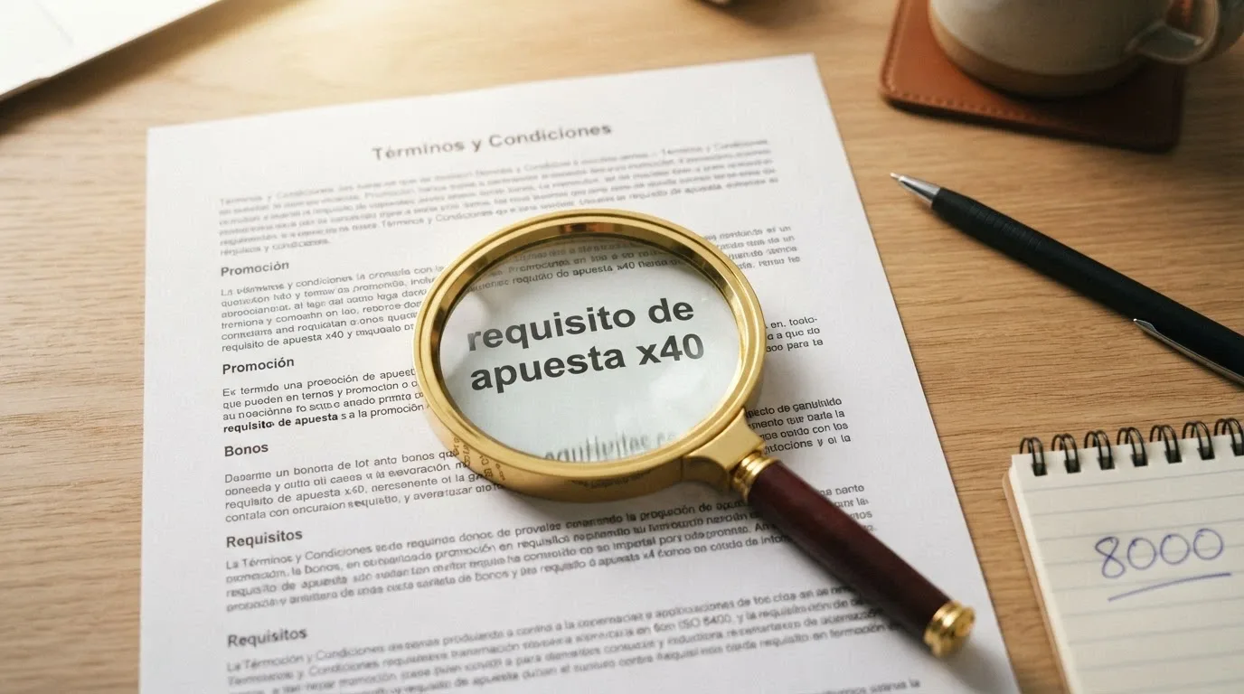 Primer plano de un documento de términos y condiciones con una lupa sobre la cláusula de «requisito de apuesta x40», un bolígrafo y una calculadora al lado