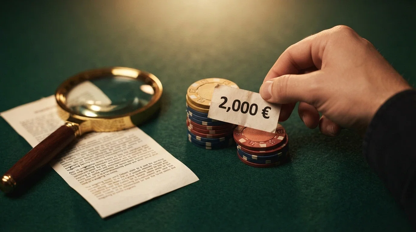 Una pila de fichas de casino con una etiqueta de «2.000 €» que, al levantar la primera capa, revela un montón mucho menor debajo, mientras una lupa muestra la letra pequeña del rollover