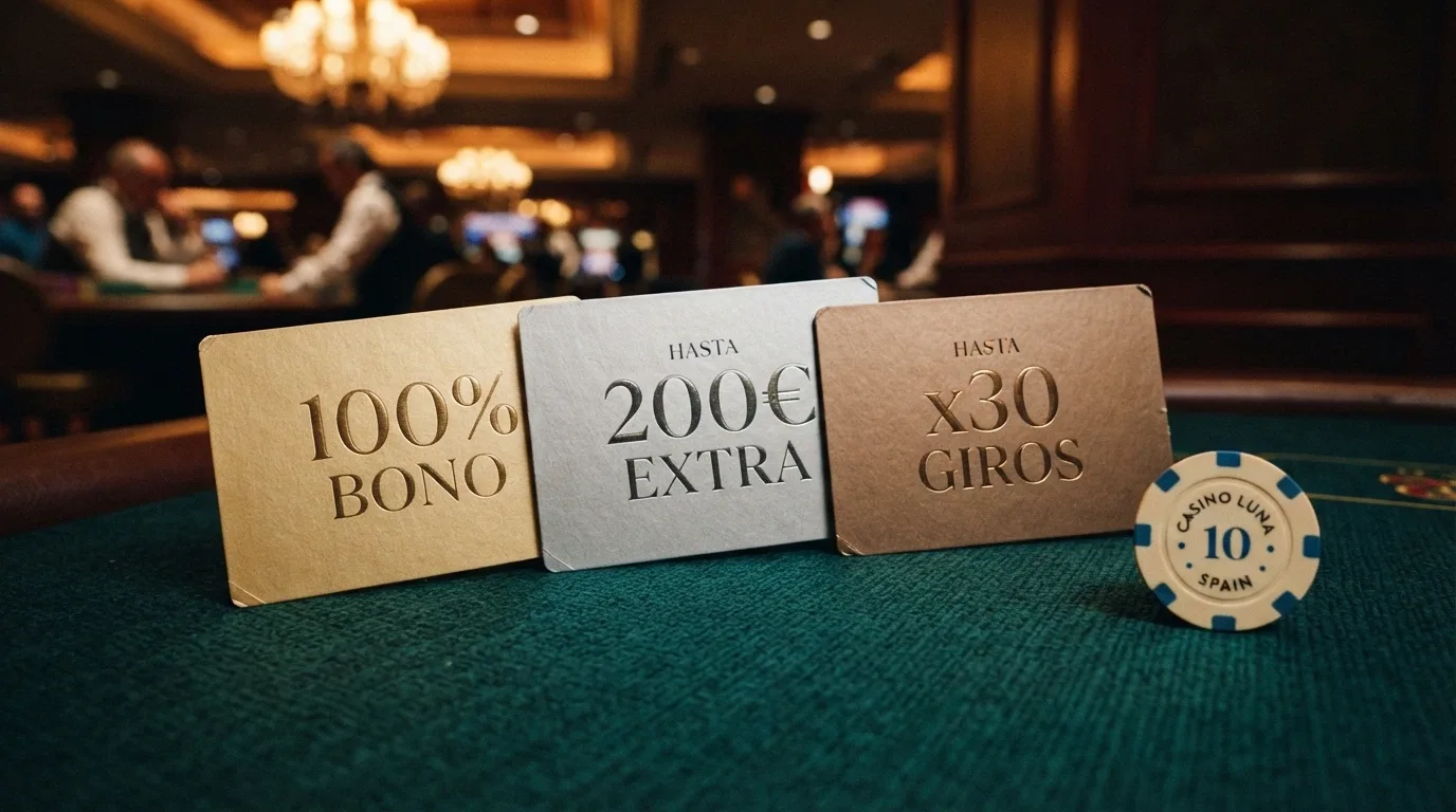Comparativa visual de tres tarjetas de bienvenida de casinos DGOJ con sus cifras de bono, porcentaje y requisito de apuesta destacados