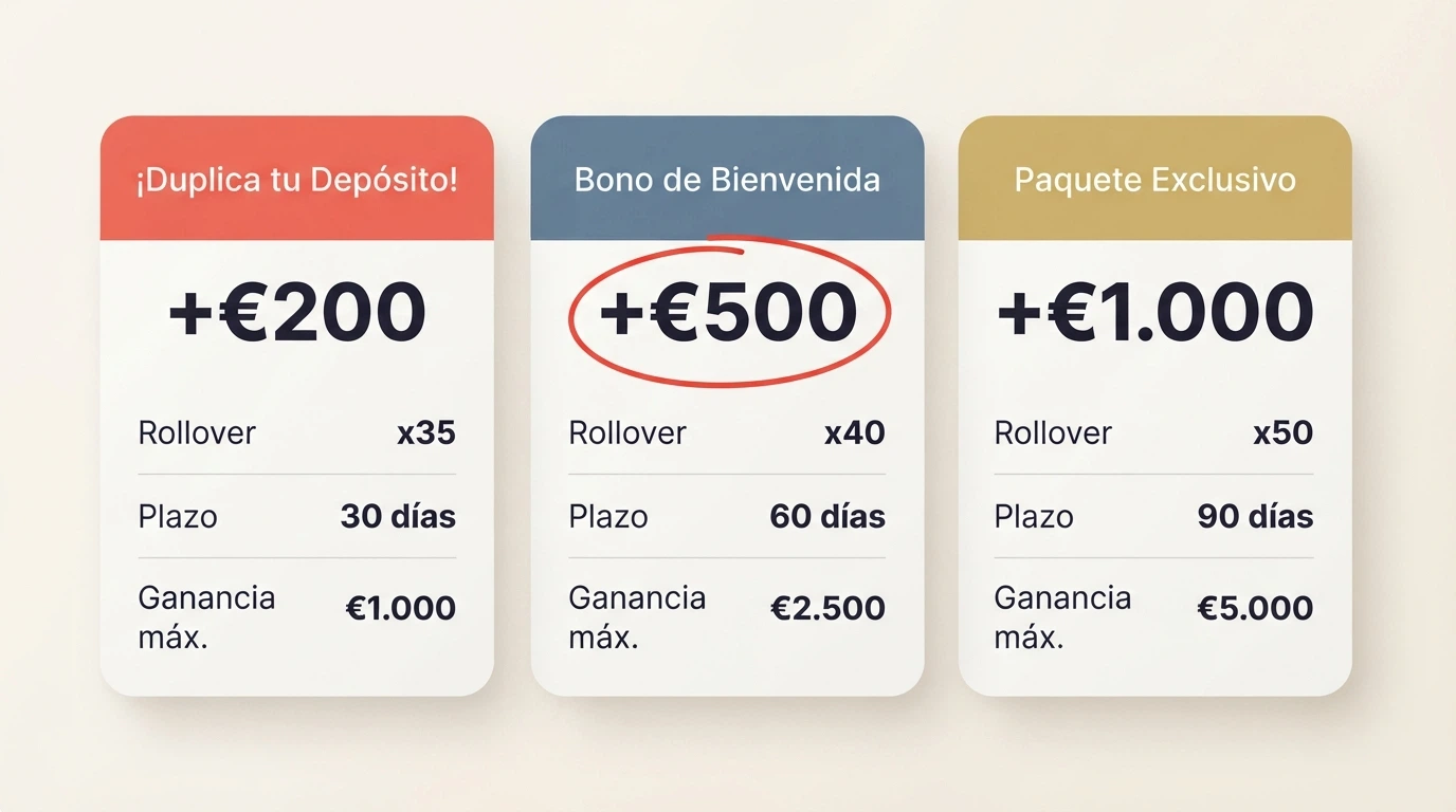 Comparativa de tres bonos con sus cifras reales de importe, rollover, plazo y ganancia máxima resaltadas en rojo