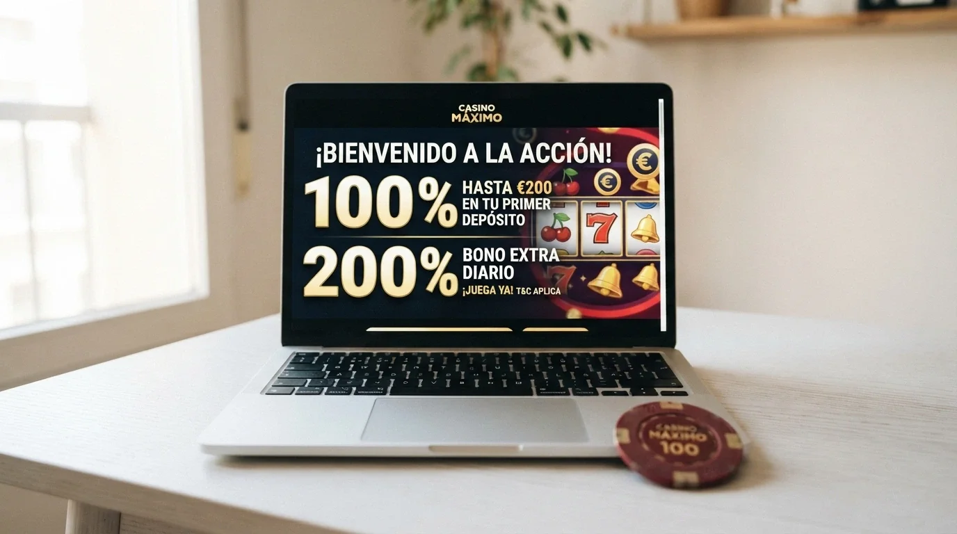 Panel promocional de bono de bienvenida en un casino online con porcentaje e importe máximo visibles