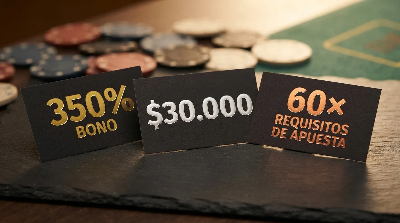 Tres tarjetas de bono alineadas con sus cifras principales: porcentaje, cantidad máxima y multiplicador de apuesta en color destacado