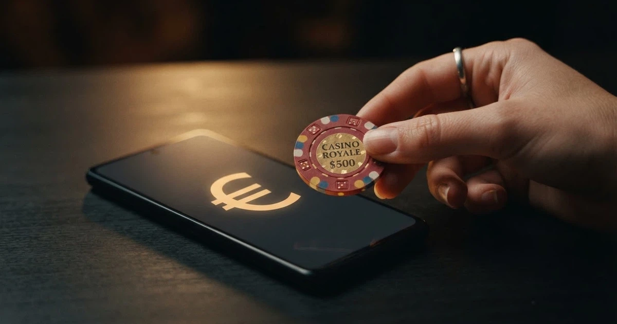 Mano sujetando una ficha de casino frente a una pantalla que muestra un porcentaje de cashback tachado y otro menor al lado, sobre fondo oscuro
