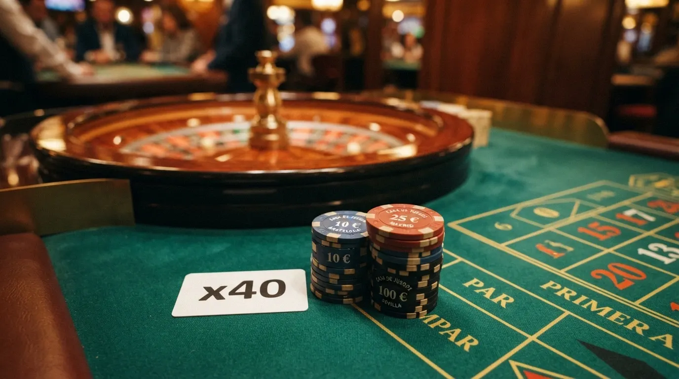 Primer plano de una ruleta de casino con fichas de 1€ y un texto superpuesto que dice «rollover x40»
