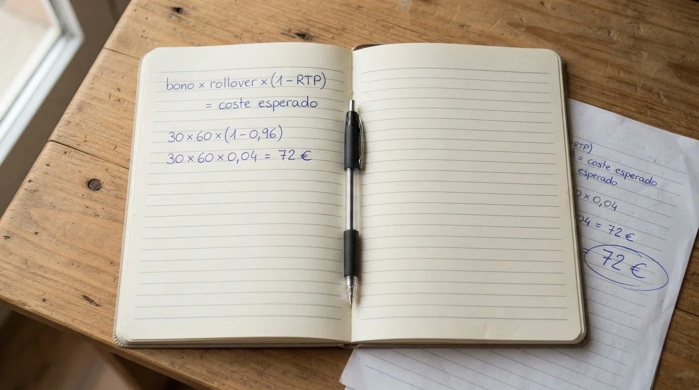 Una libreta con la fórmula «bono × rollover × (1 − RTP) = coste esperado» escrita a mano, con cifras reales al lado y una calculadora con el resultado
