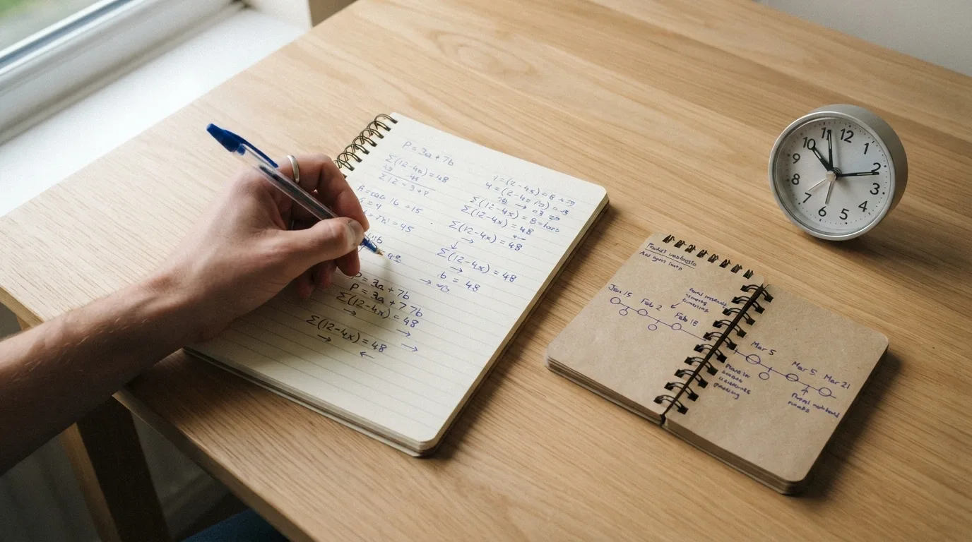 Una calculadora junto a un calendario y un reloj, con anotaciones que muestran la fórmula «(depósito + bono) × rollover = cantidad a apostar»