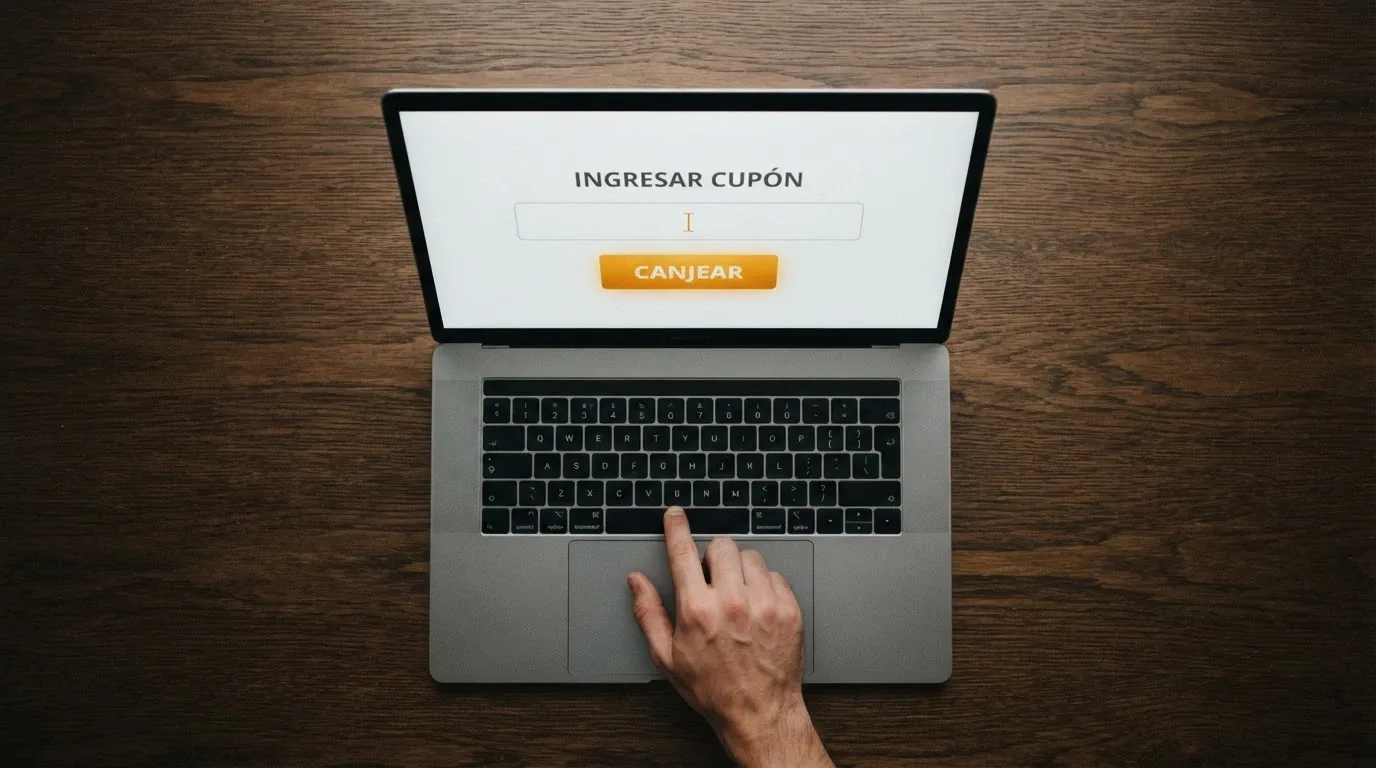 Pantalla de cajero de un casino online con un campo de texto donde se introduce un código promocional y un botón de «Canjear» iluminado
