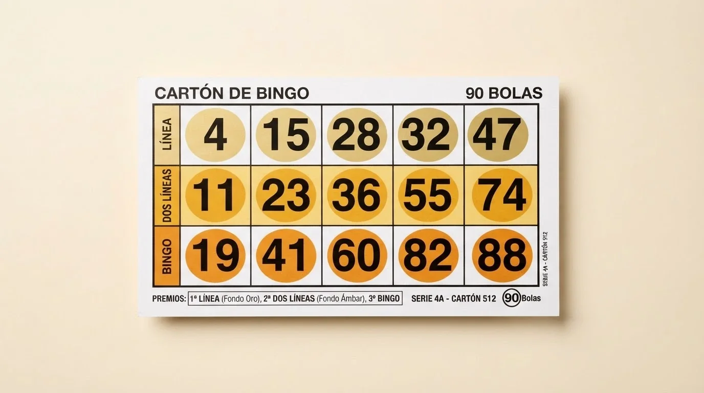 Cartón de bingo de 90 bolas con 15 números distribuidos en 3 filas y 9 columnas, con las líneas ganadoras resaltadas