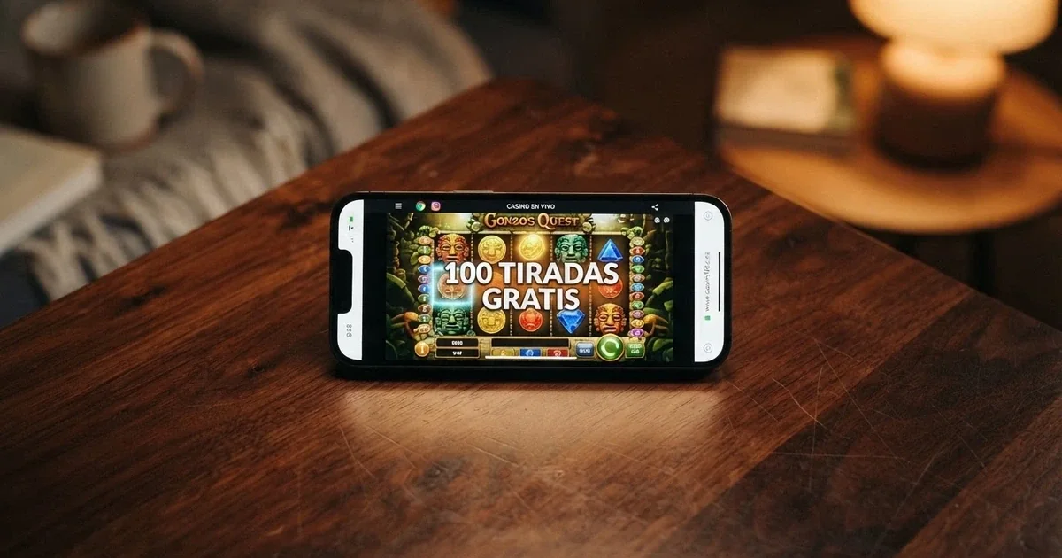 Pantalla de un móvil mostrando una ruleta de tragaperras con el texto «100 tiradas gratis» y el candado de conexión segura visible en la barra del navegador