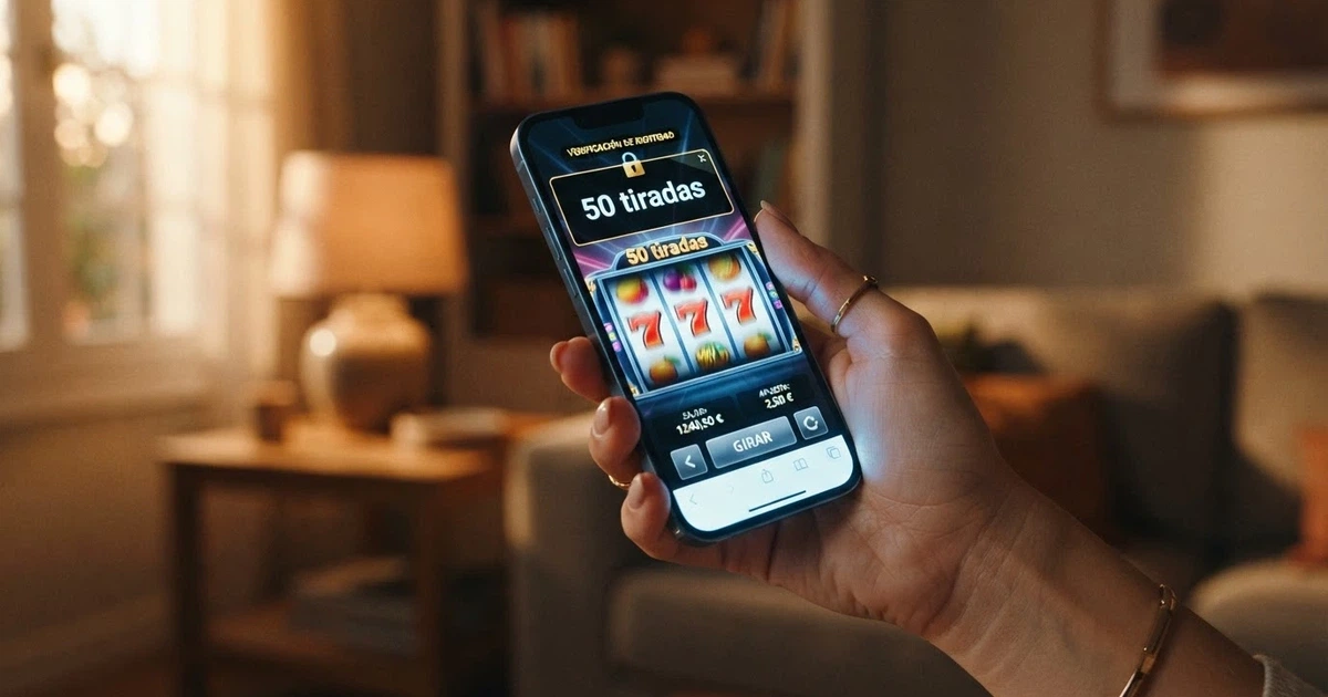 Mano sosteniendo un móvil con la pantalla mostrando una tragaperras de casino y el texto «50 tiradas gratis» junto al candado de verificación de identidad