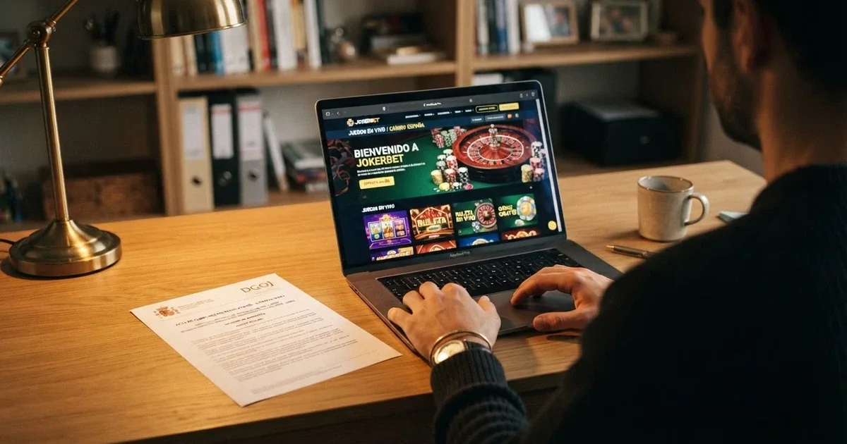 Escritorio con pantalla mostrando la interfaz de un casino online regulado, junto a un documento con el escudo de Gibraltar visible en la esquina