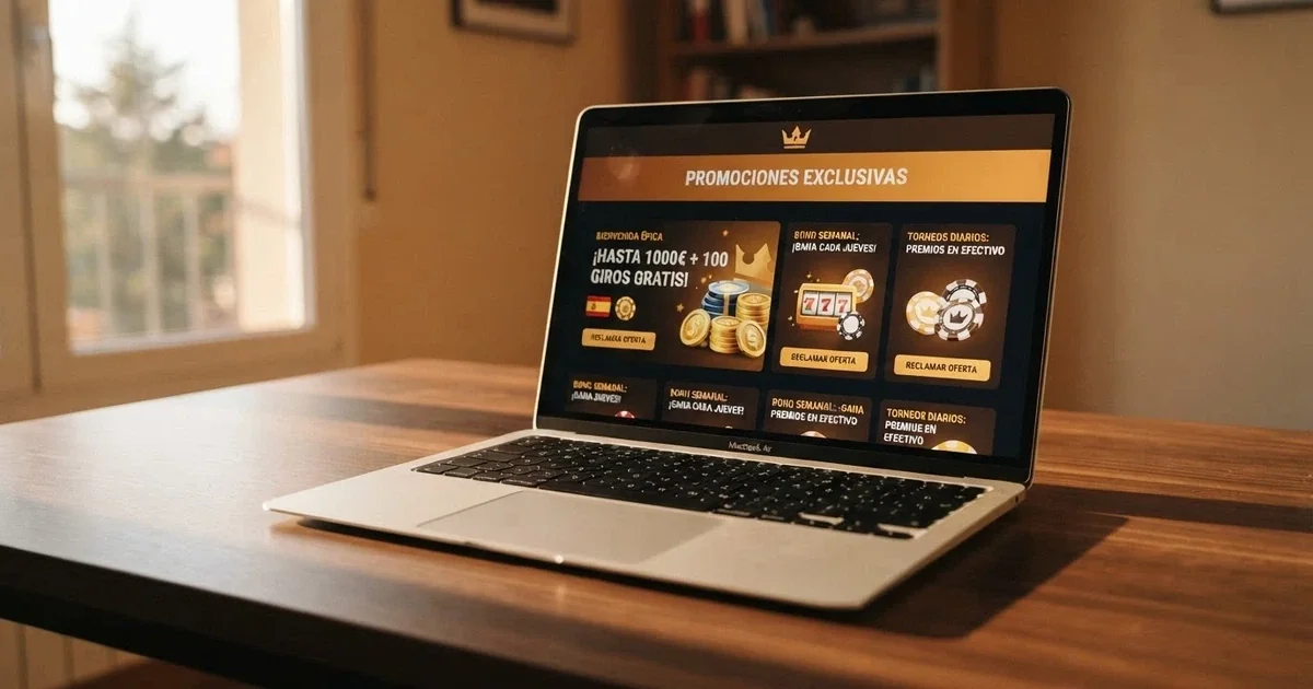 Pantalla de un casino online español con licencia DGOJ mostrando la sección de promociones y ofertas para nuevos jugadores