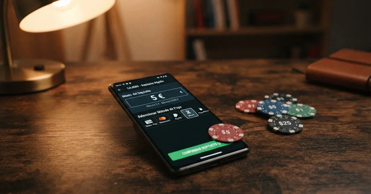 Pantalla de un casino online español mostrando el cajero con la opción de depósito mínimo de 5 euros y los métodos de pago Bizum y tarjeta visibles