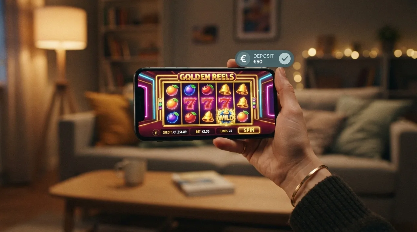 Un teléfono en horizontal mostrando una tragaperras de casino en modo apaisado, con el icono de CaixaBank Pay flotando como método de pago seleccionado