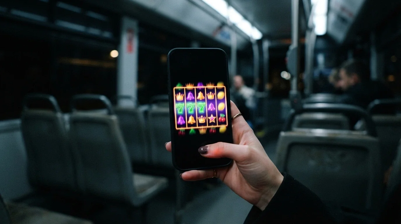 Una mano femenina sostiene un teléfono en vertical mostrando los carretes de una tragaperras girando; detrás, desenfocados, se intuyen los asientos de un transporte público