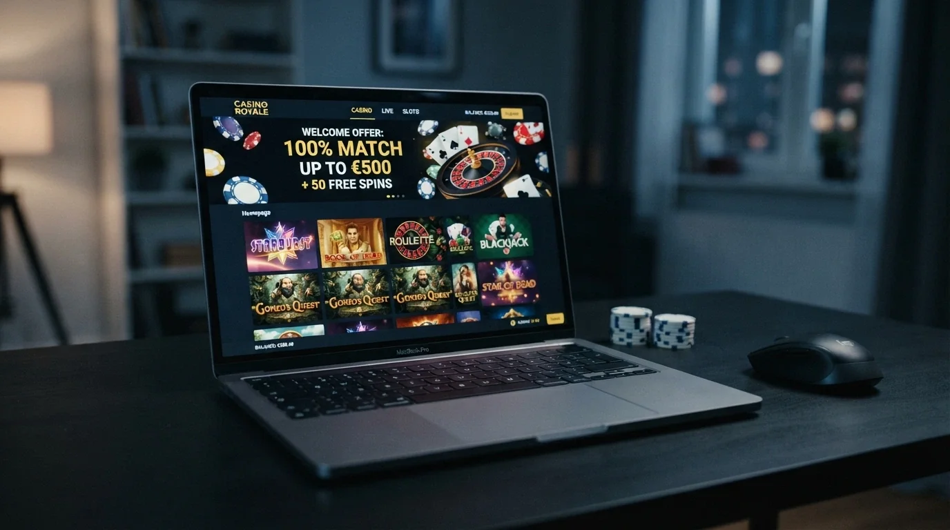 Interfaz moderna de un casino cripto de lanzamiento reciente con diseño oscuro y oferta de bienvenida destacada